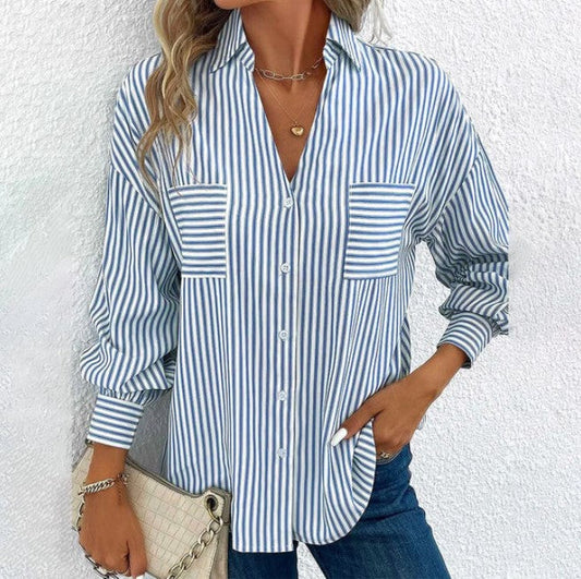 Blue Striped V-Neck Top by Avery
