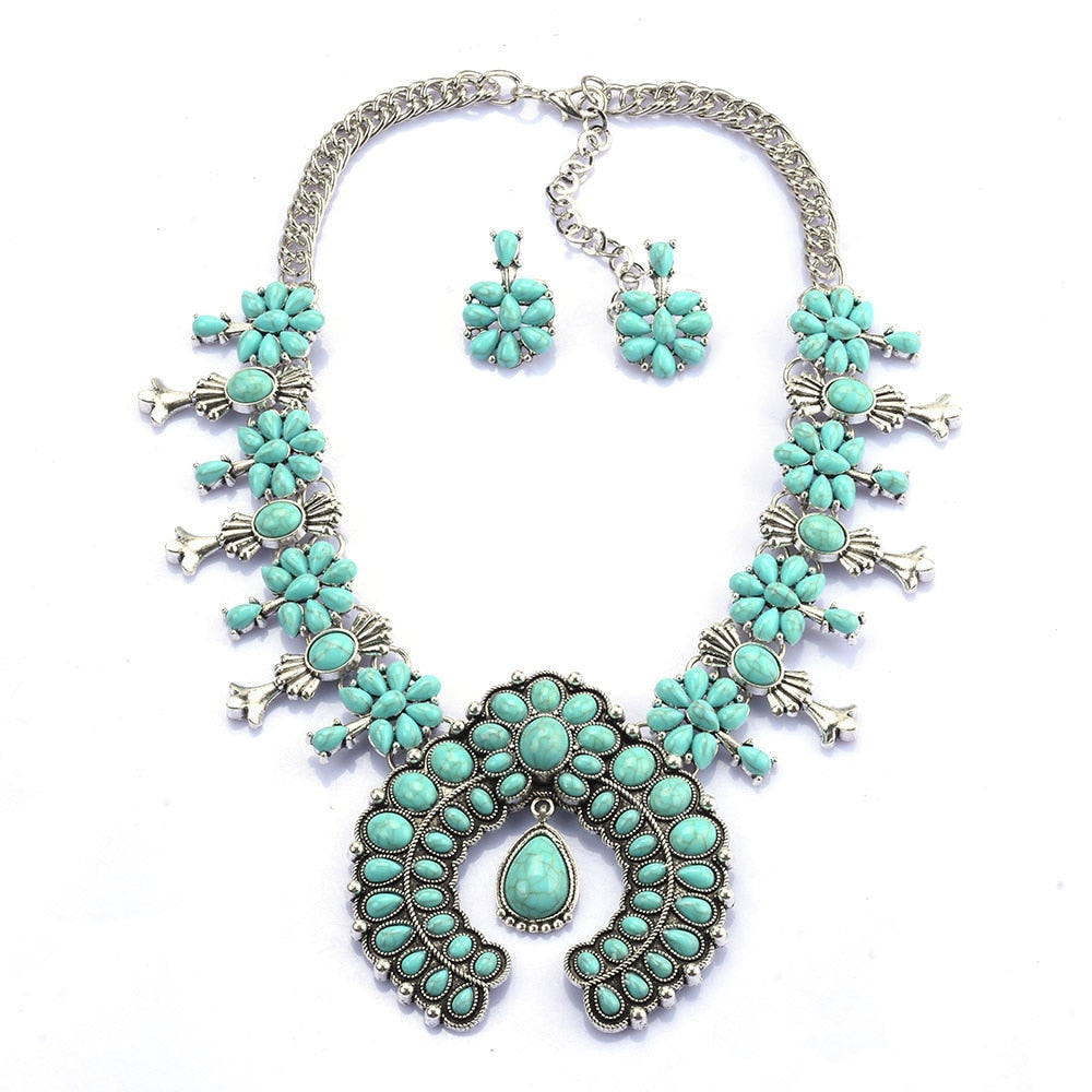 Bohemian Blue Floral Necklace Set - Olytrend