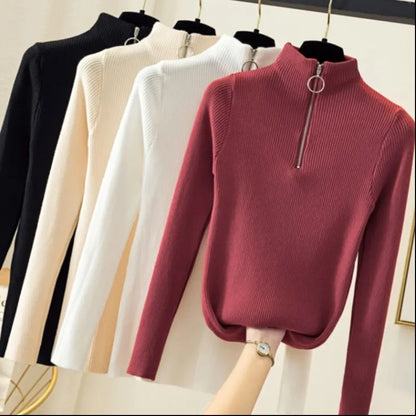 Women's knitted sweater with zipper and high collar