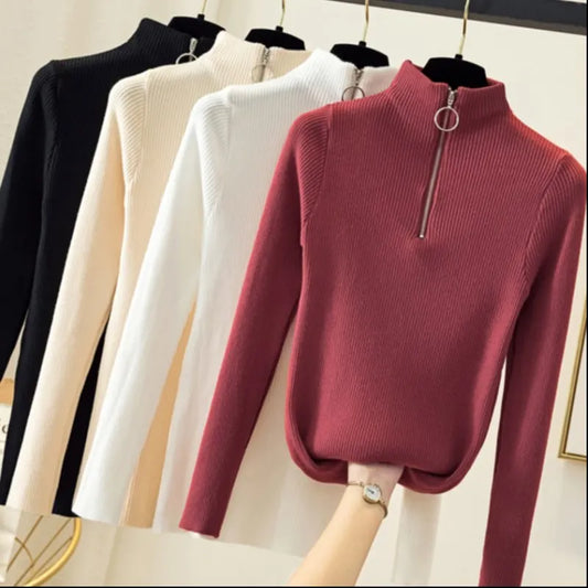 Women's knitted sweater with zipper and high collar