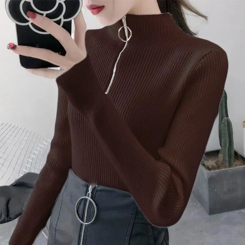 Women's knitted sweater with zipper and high collar