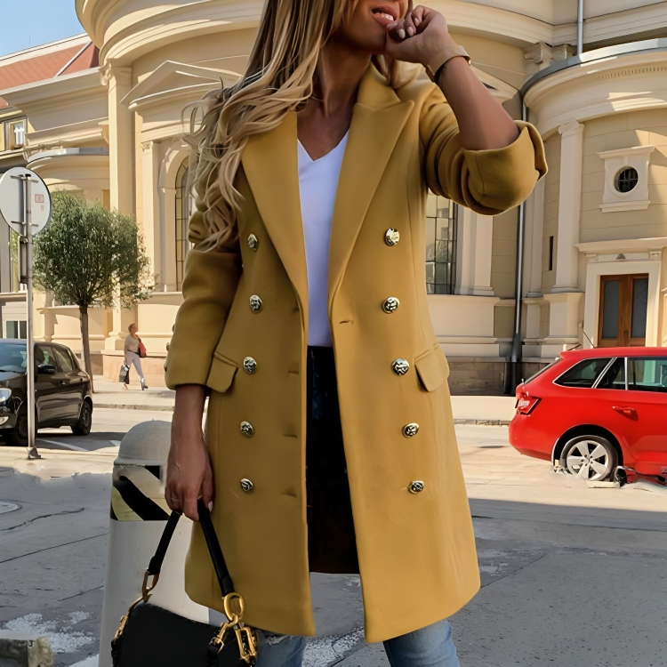 Women's Long Double-Breasted Coat with Decorative Buttons