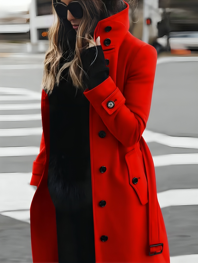 Women's Long Coat with High Collar and Tie-Belt | Stylish