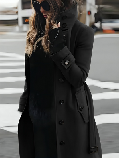 Women's Long Coat with High Collar and Tie-Belt | Stylish