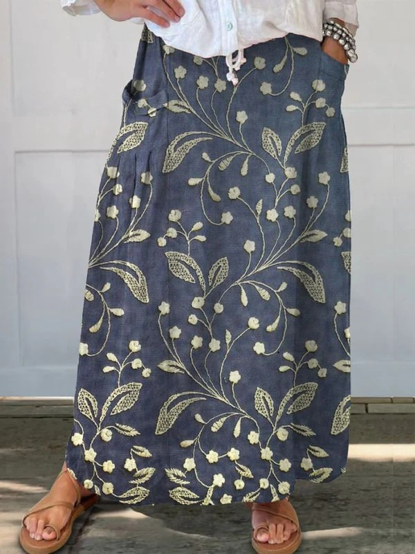 Vintage Floral Print Skirt with Pockets - Olytrend