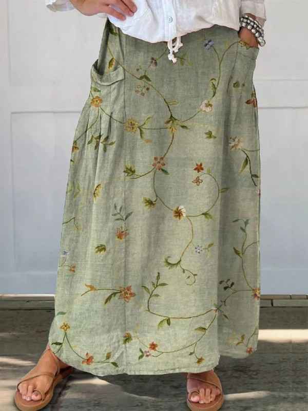 Vintage Floral Print Stretch Skirt with Pockets - Olytrend