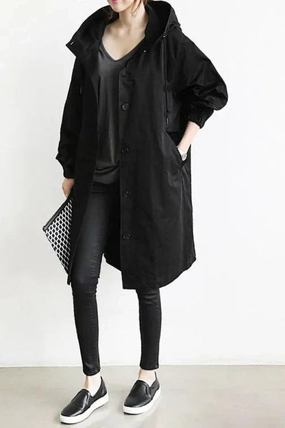 Women's Oversized Rain Jacket with Hood Button Front and Pockets