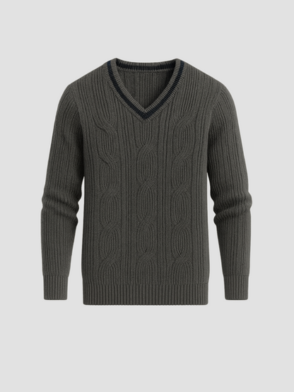 V-knit pullover with V-neck and cable pattern