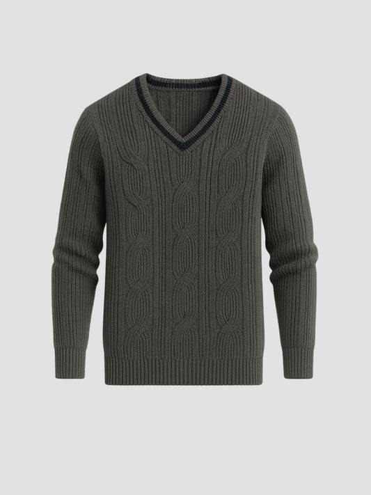 V-knit pullover with V-neck and cable pattern