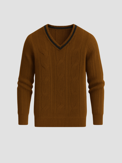V-knit pullover with V-neck and cable pattern
