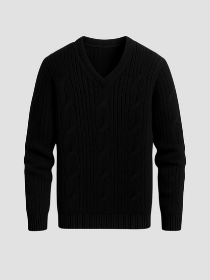 V-knit pullover with V-neck and cable pattern