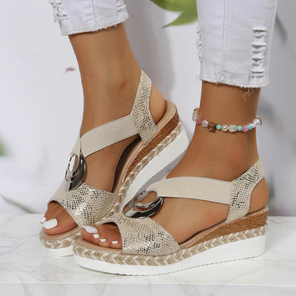 Women's Wedge Sandals with Embellishment and Elastic Strap