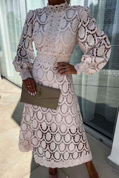 Elegant crochet lace midi dress: Gillian. Romantic, sensual lantern sleeves.