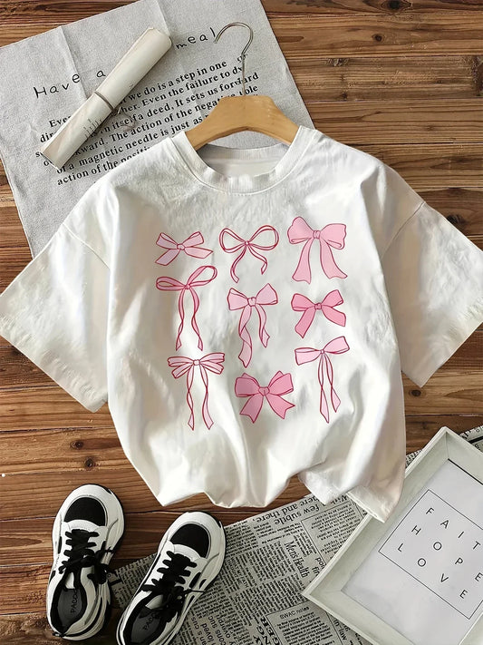 Vintage Pink Bow Print T-Shirt for Women
