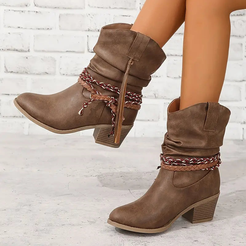 Women's Cowboy Boots with Decorative Lacing and Fringe