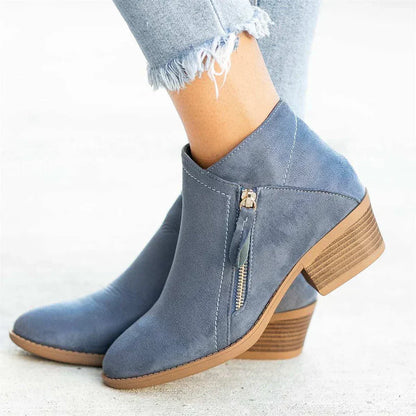 Women's Ankle Boots with Side Zipper and Block Heel