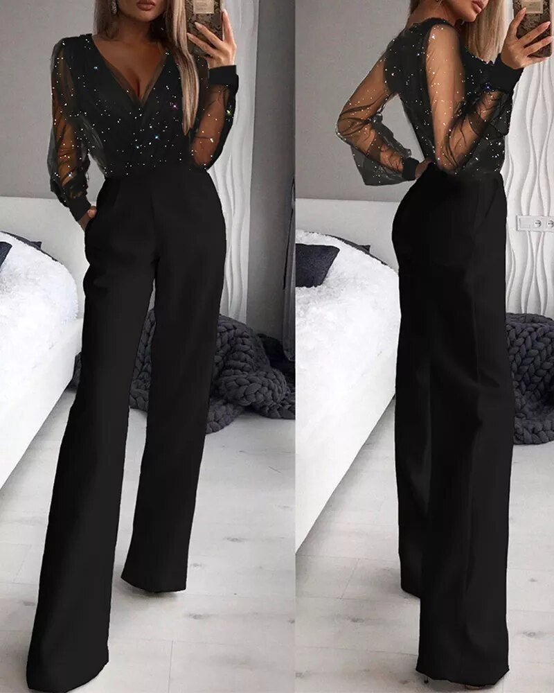 Women's jumpsuit with transparent sleeves | V-neck wide leg