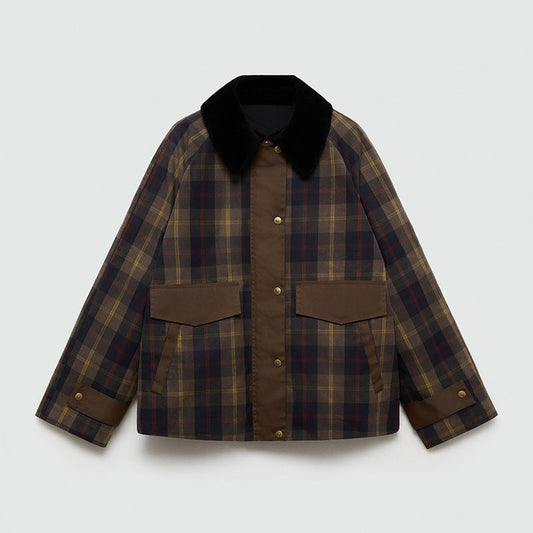 Warm Checked Jacket Women with Soft Faux Fur Collar