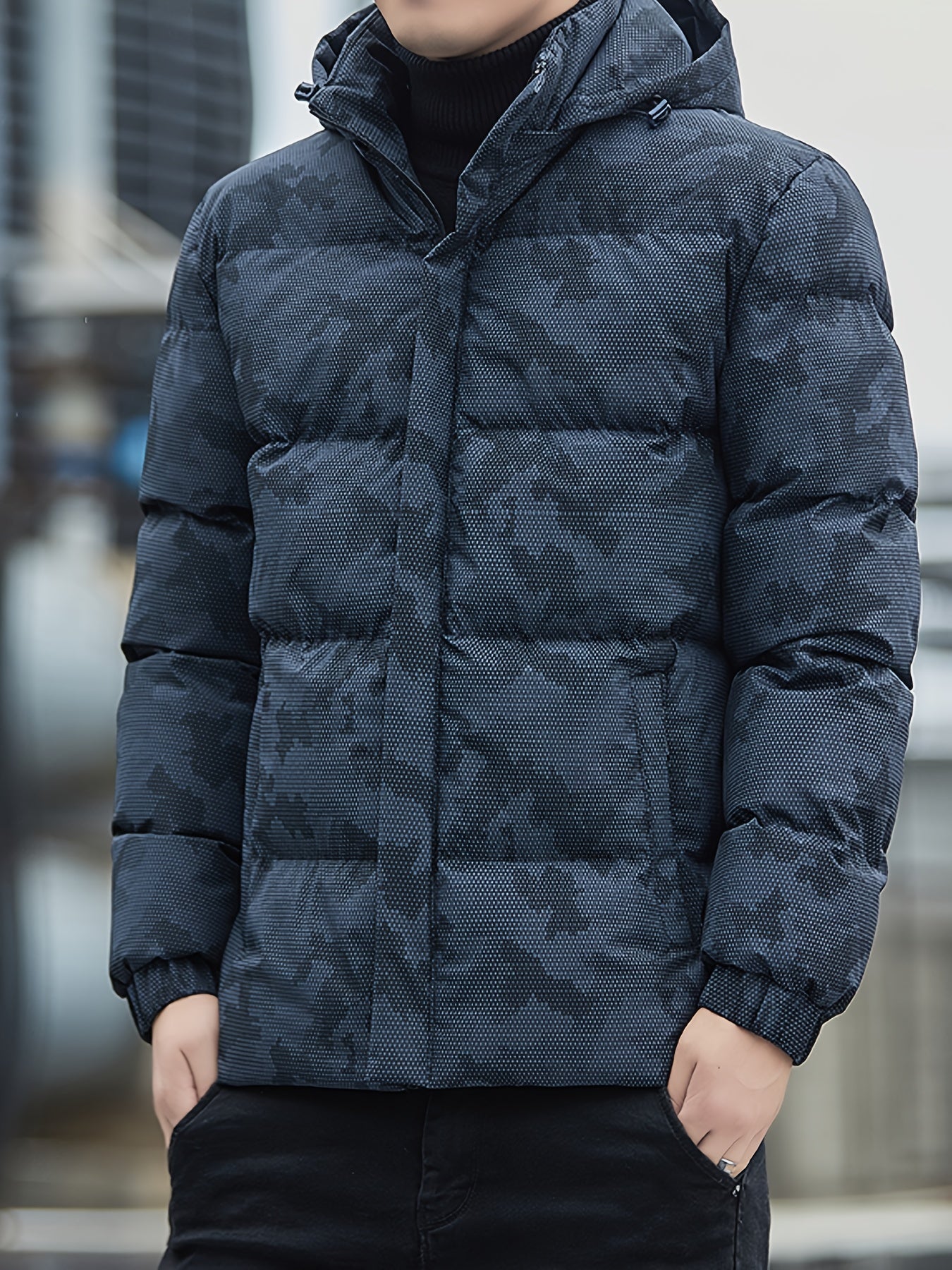 Warm puffer jacket with zipper and stand-up collar