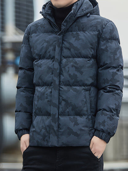 Warm puffer jacket with zipper and stand-up collar