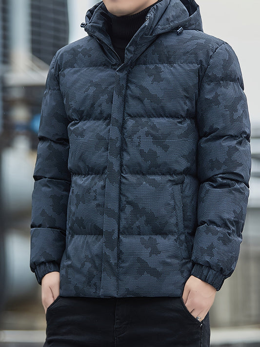 Warm puffer jacket with zipper and stand-up collar