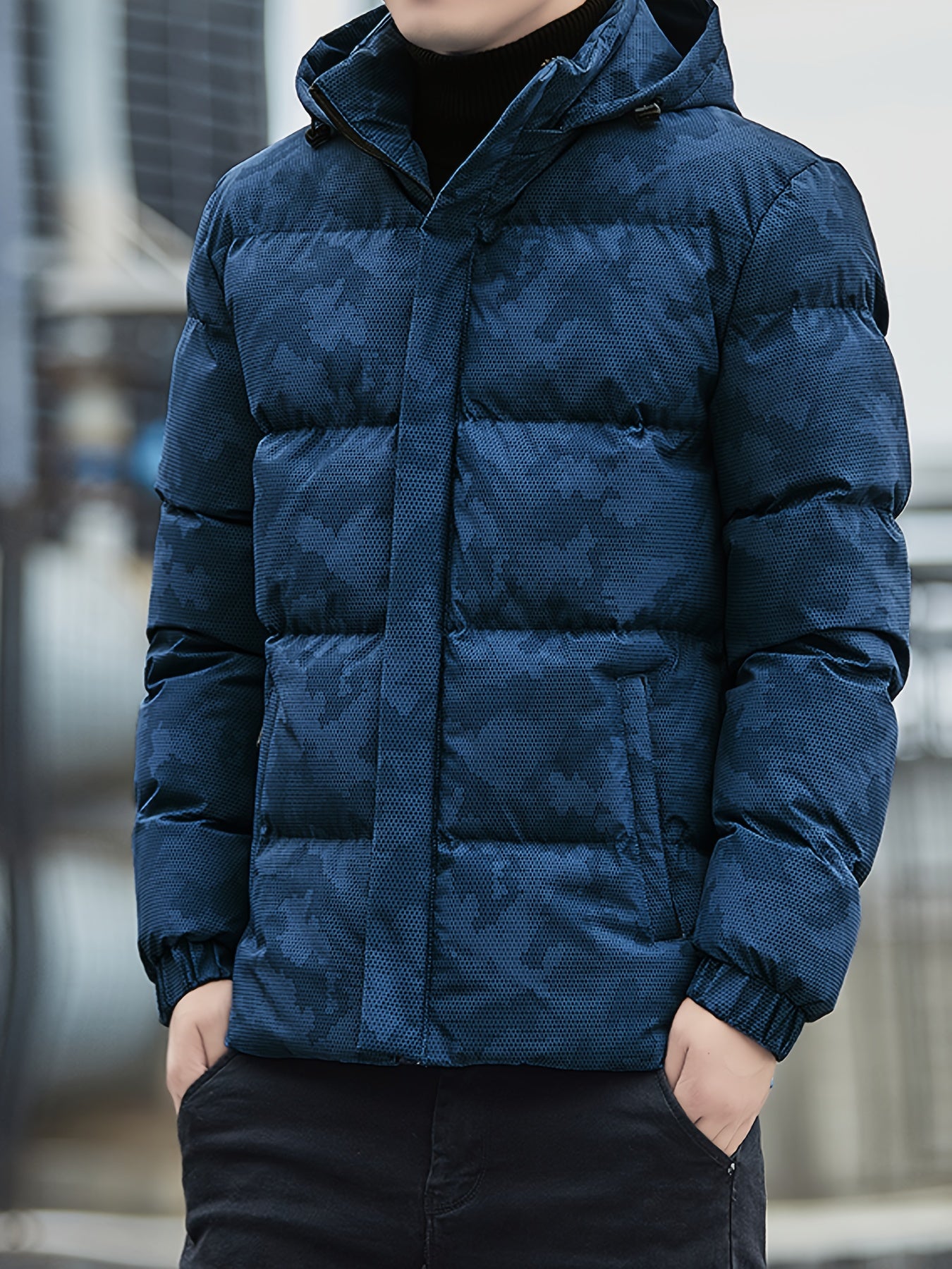 Warm puffer jacket with zipper and stand-up collar