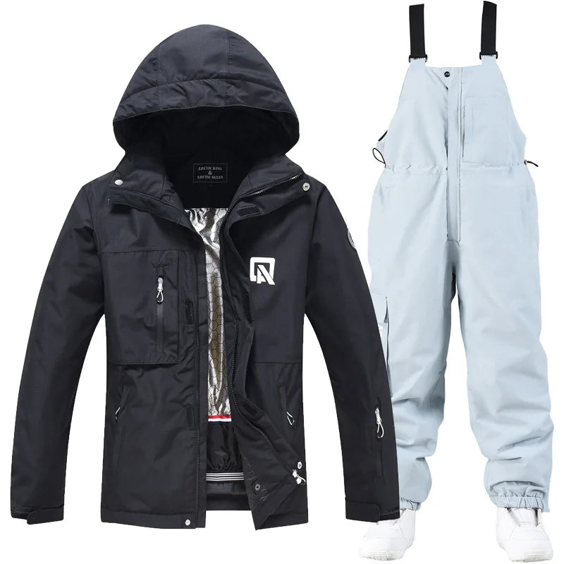 Waterproof ski suit for women with suspenders