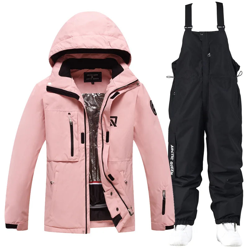 Waterproof ski suit for women with suspenders