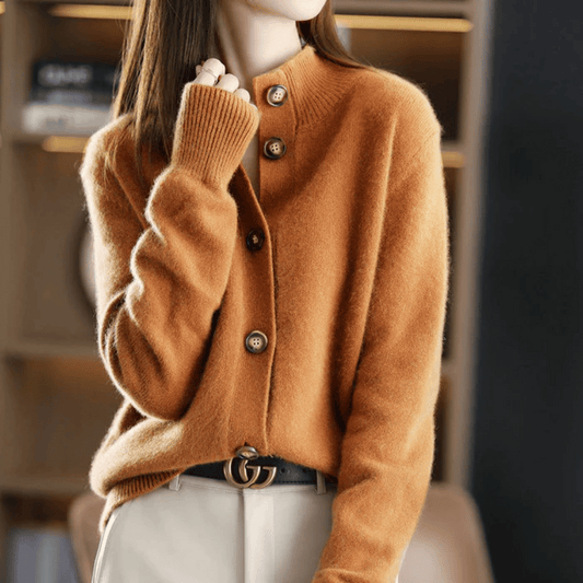 Cardigan women with stand-up collar and modern buttons