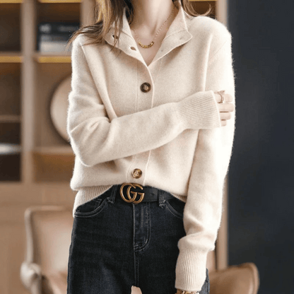 Cardigan women with stand-up collar and modern buttons
