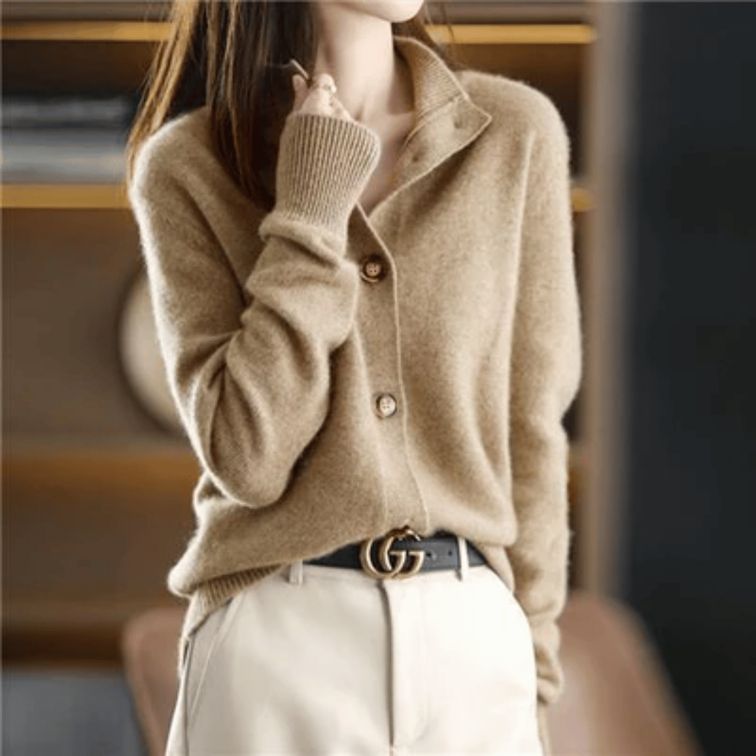 Cardigan women with stand-up collar and modern buttons