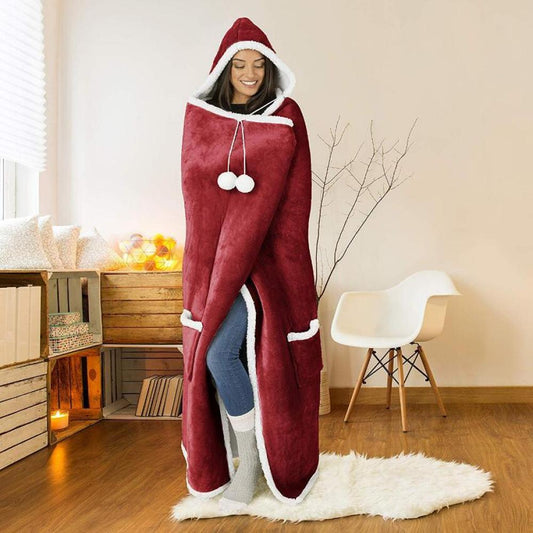 Warm, foldable blanket with foot pockets for cold days