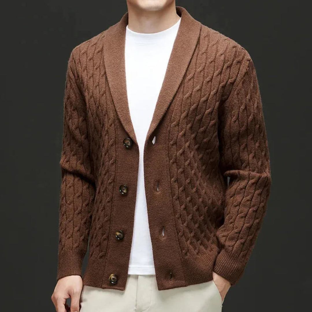 Wool cardigan with shawl collar and button-down closure