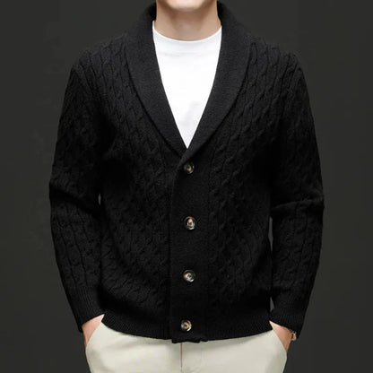 Wool cardigan with shawl collar and button-down closure