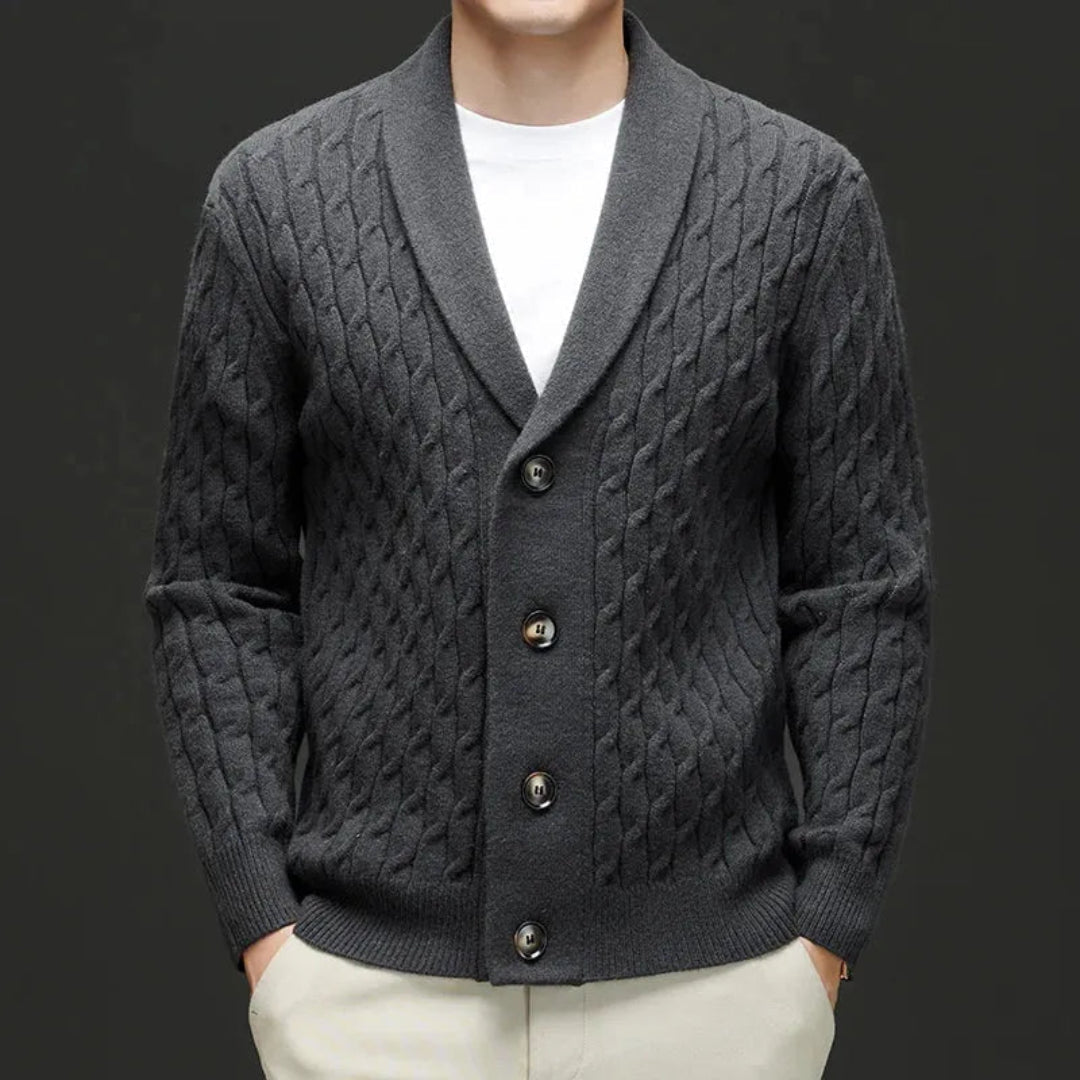 Wool cardigan with shawl collar and button-down closure