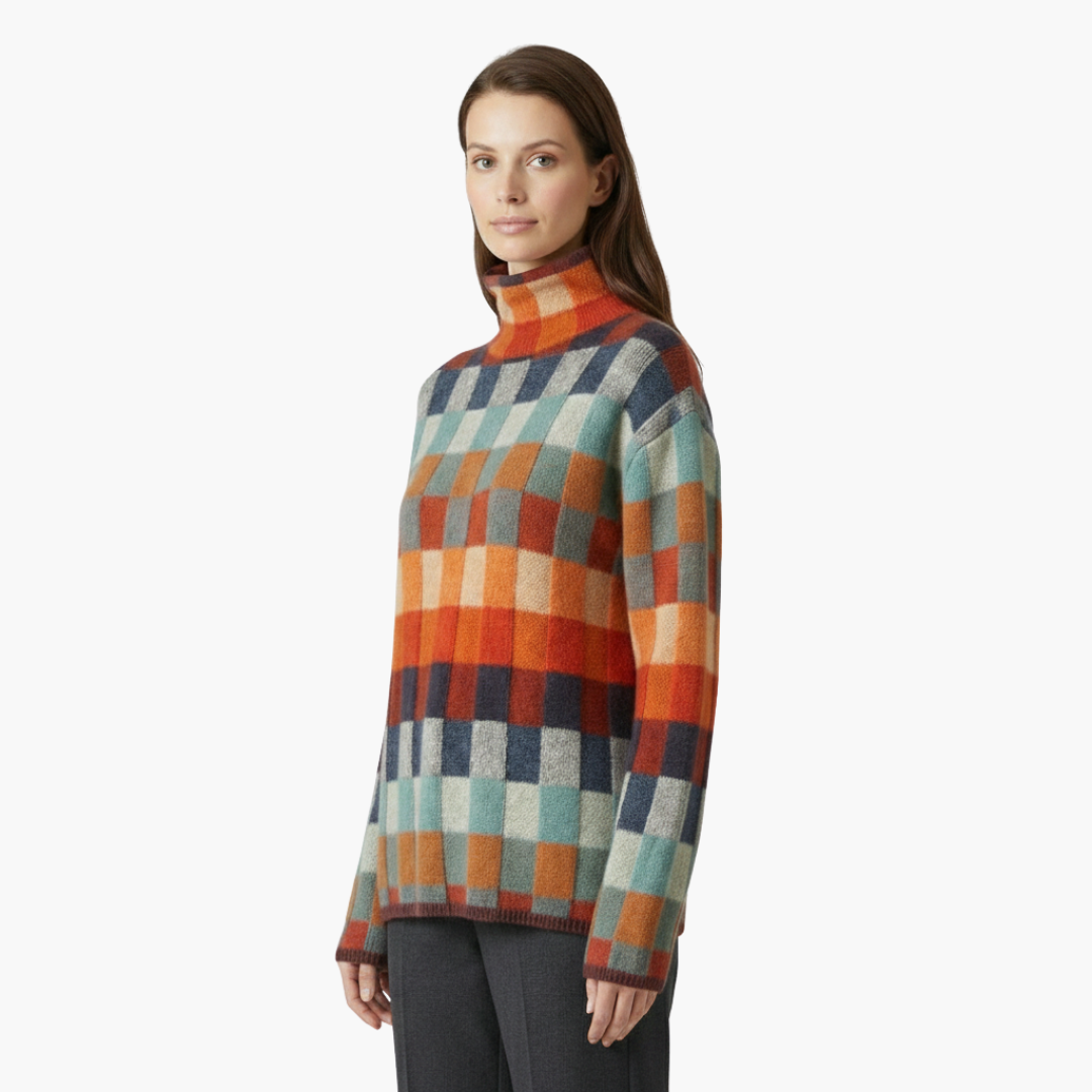 Casual Plaid Crew Neck Wool Sweater for Women