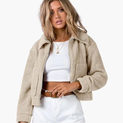 Women's Short Fleece Bomber Jacket with Zip Closure