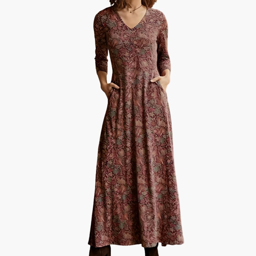 Vintage Floral Maxi Dress with Full Sleeves
