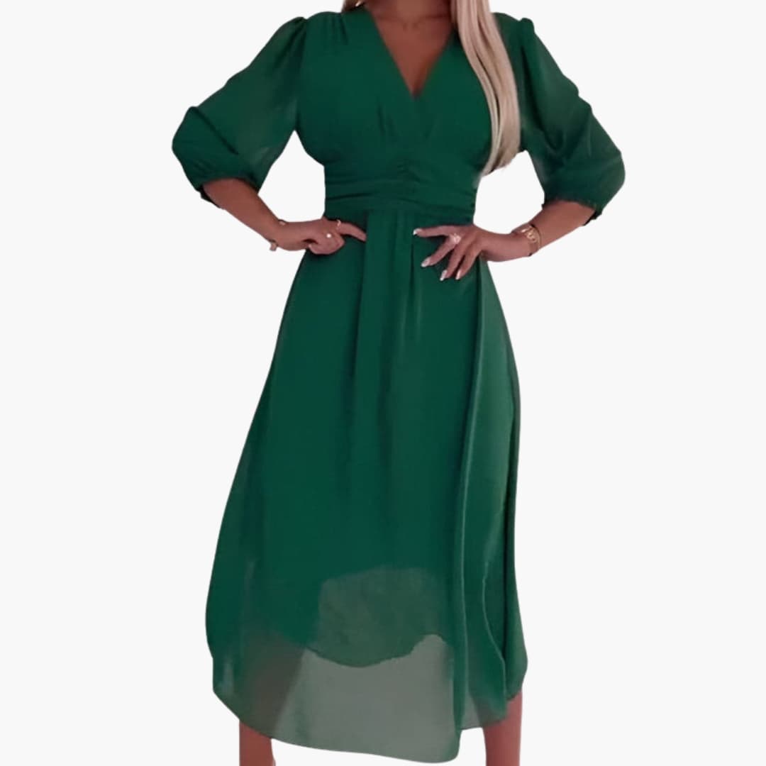 Women's Elegant Midi Wrap Dress with V Neckline