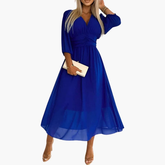 Women's Elegant Midi Wrap Dress with V Neckline - Olytrend