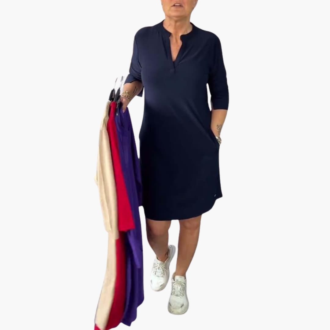 Casual V Neck Flowy Mid Length Dress - Olytrend