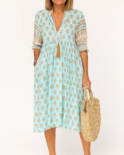 Women's Boho-Style V-Neck Floral Midi Dress