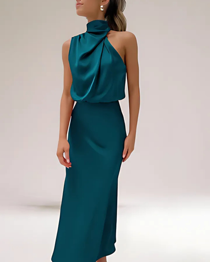 Women's Elegant Satin Maxi Dress with Halter Neckline