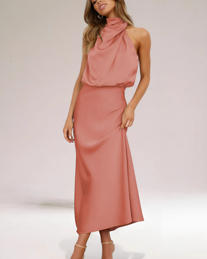 Women's Elegant Satin Maxi Dress with Halter Neckline