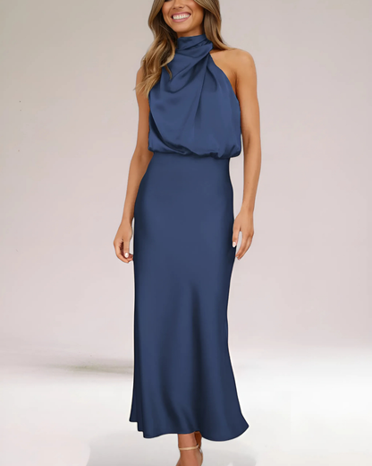 Women's Elegant Satin Maxi Dress with Halter Neckline