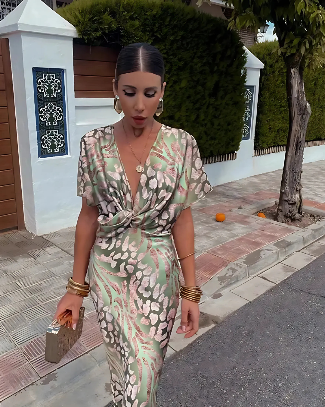 Women's Elegant V-Neck Midi Dress With Bow Detail