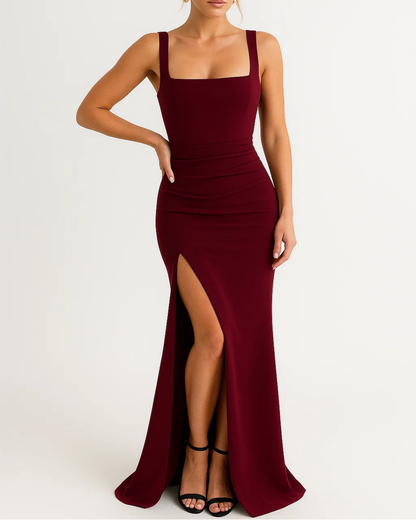 Women's Evening Maxi Dress With Square Neckline And High Slit