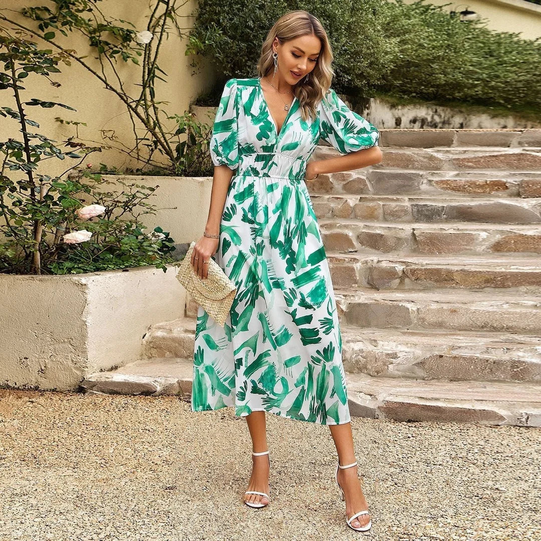 Women's Floral Midi Dress With Elastic Waist