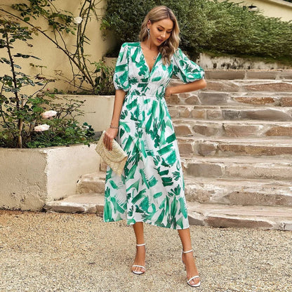 Women's Floral Midi Dress With Elastic Waist
