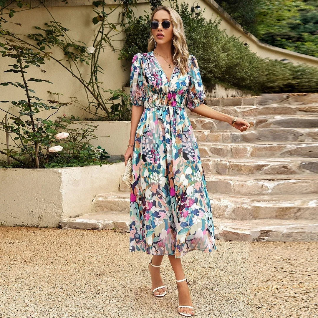 Women's Floral Midi Dress With Elastic Waist